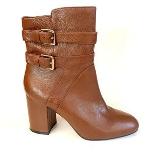 Nine West Nogettuff Ankle Boots Heels Leather Buckle Zip Closure Brown Camel 10